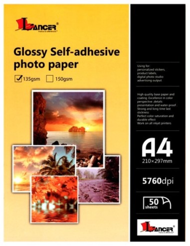 Papel Fotografico Lancer Adhesivo A4 135grs.(50hjs.)