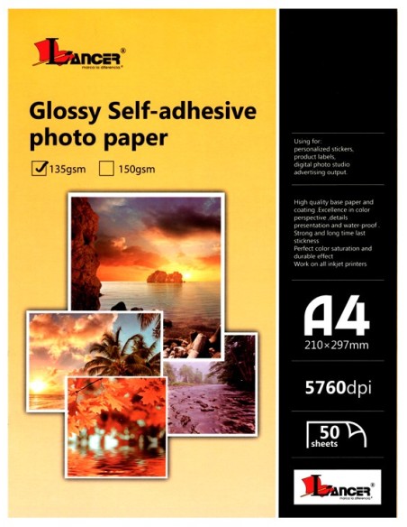 Papel Fotografico Lancer Adhesivo A4 135grs.(50hjs.)